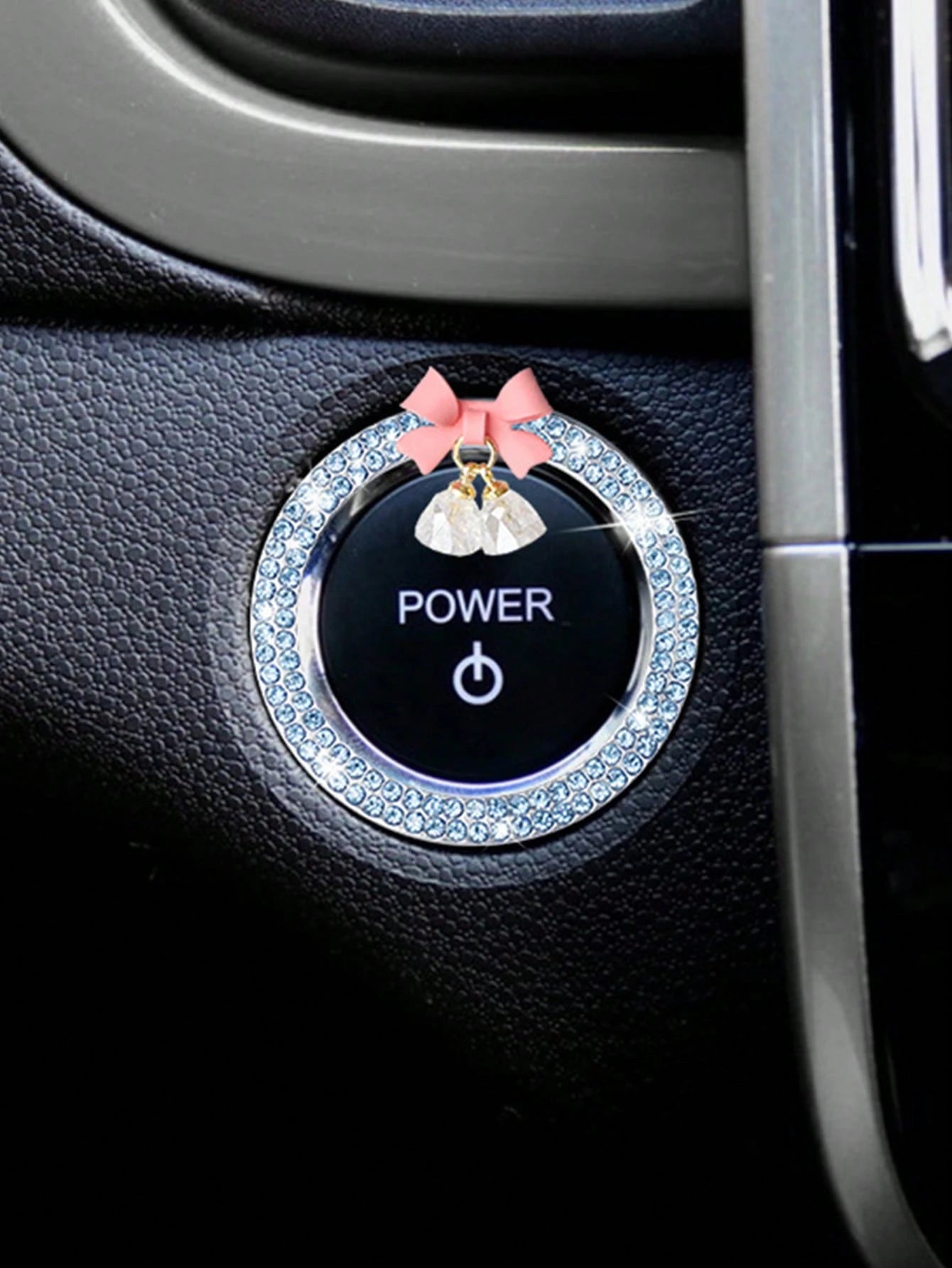 1pc Car One-Key Start Decorative Sticker, Interior Button Embedded With Diamond Bow Crystal Bell Pendant Ignition Ring