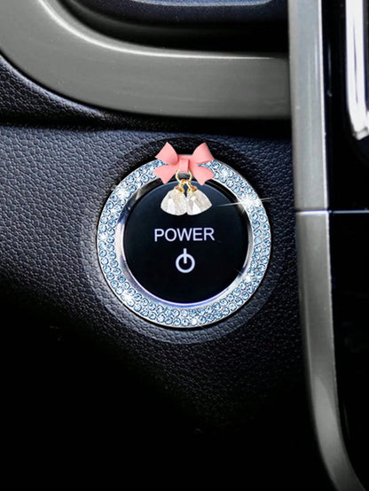 1pc Car One-Key Start Decorative Sticker, Interior Button Embedded With Diamond Bow Crystal Bell Pendant Ignition Ring