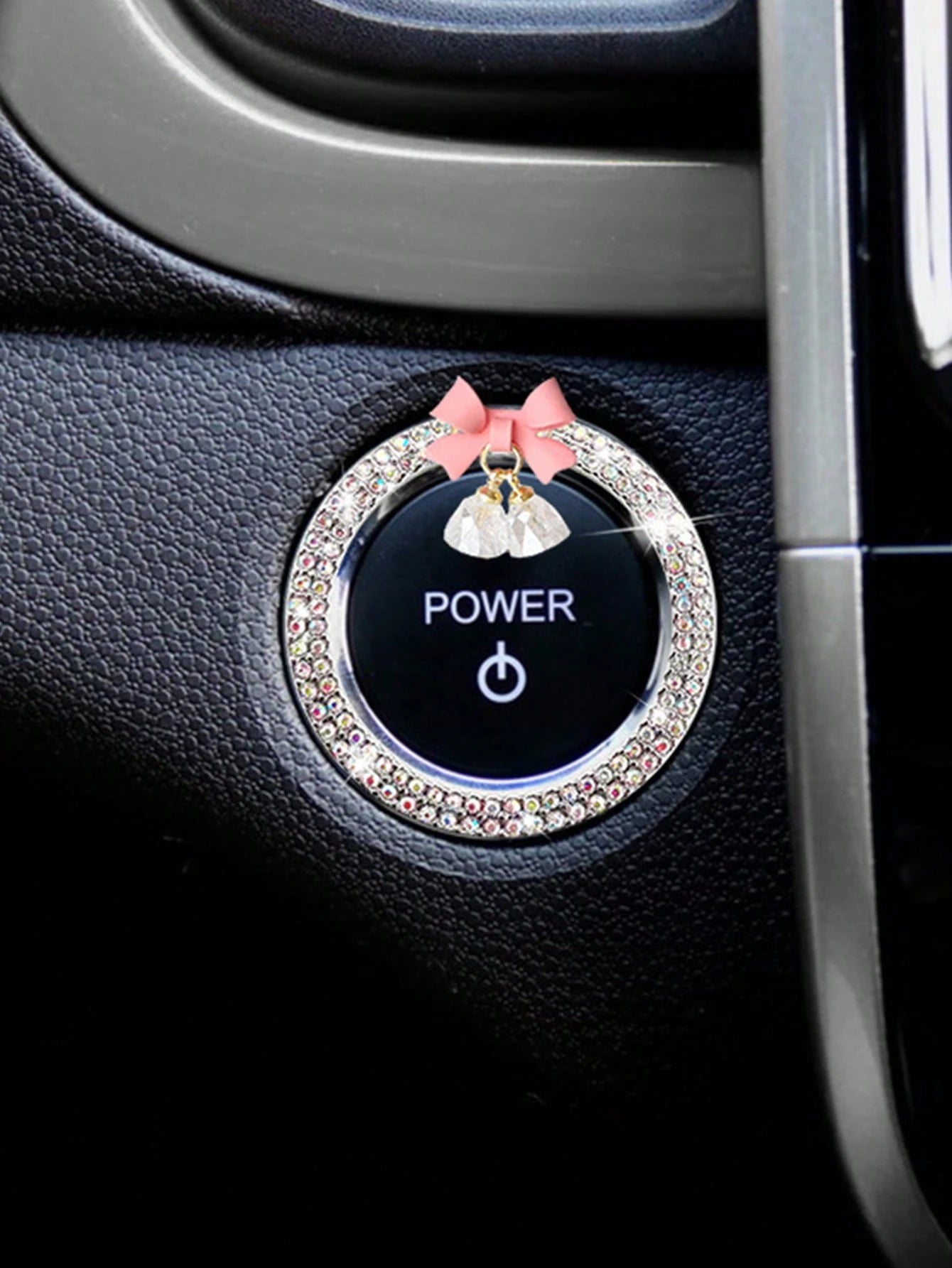 1pc Car One-Key Start Decorative Sticker, Interior Button Embedded With Diamond Bow Crystal Bell Pendant Ignition Ring