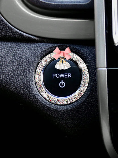 1pc Car One-Key Start Decorative Sticker, Interior Button Embedded With Diamond Bow Crystal Bell Pendant Ignition Ring