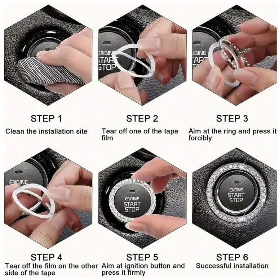 1pc Car One-Touch Start Button Decorative Ring, Rhinestone Crystal Ignition Ring, White