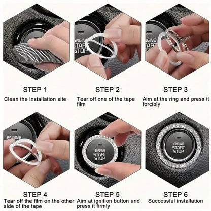 1pc Car One-Touch Start Button Decorative Ring, Rhinestone Crystal Ignition Ring, White
