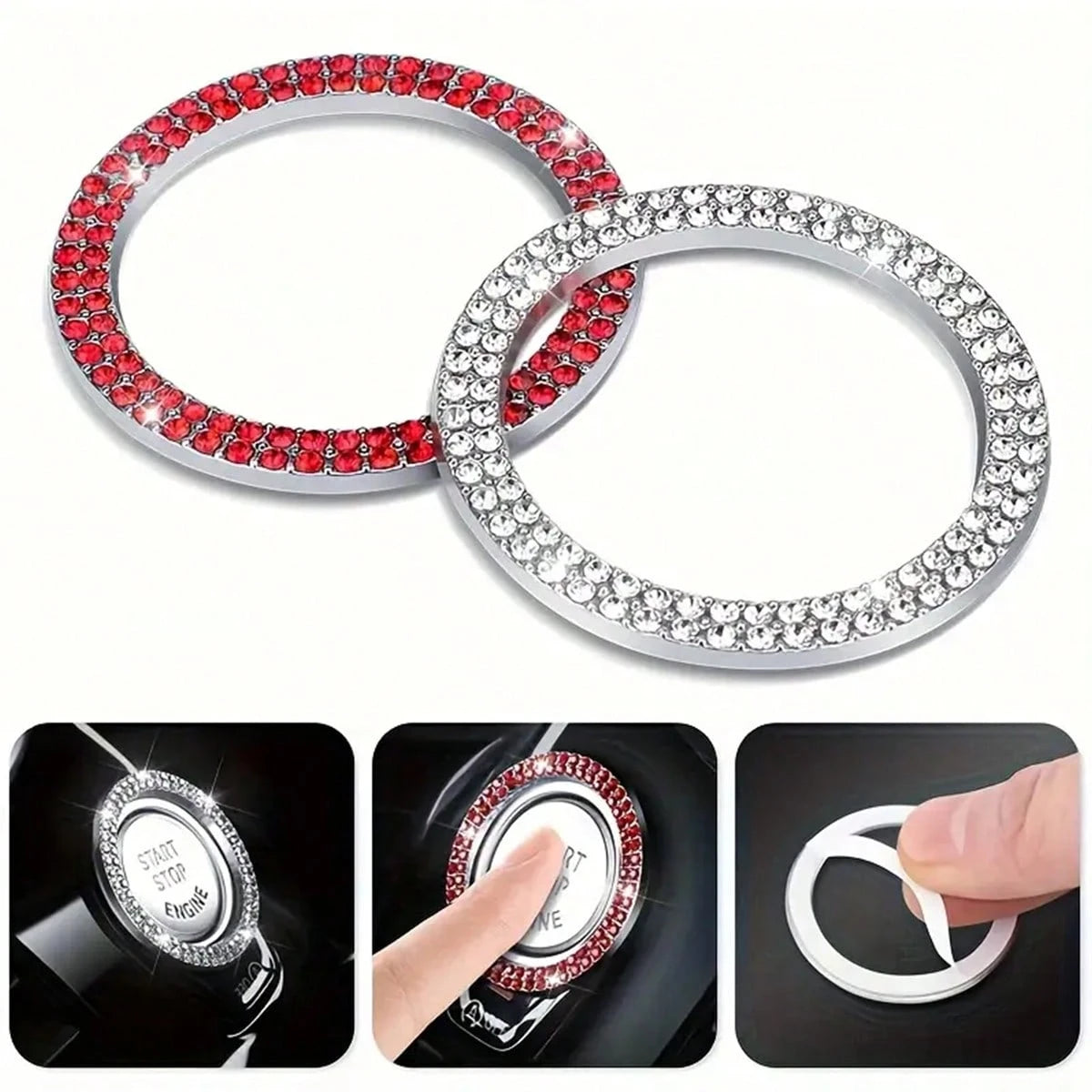 1pc Car One-Touch Start Button Decorative Ring, Double-Row Rhinestone Inlaid Crystal Ignition Ring Decor, Car Interior Sticker