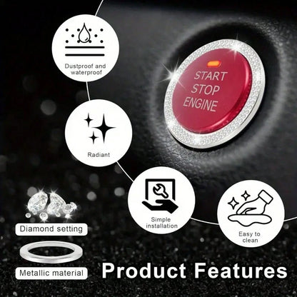 1pc Car One-Touch Start Button Decorative Ring, Double-Row Rhinestone Inlaid Crystal Ignition Ring Decor, Car Interior Sticker