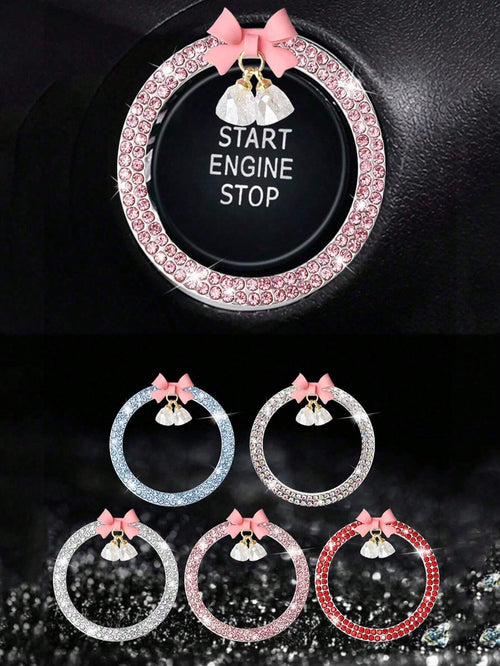 1pc Car One-Touch Start Decorative Sticker, Interior Button Inlaid Diamond Bow Crystal Bell Pendant Ignition Ring
