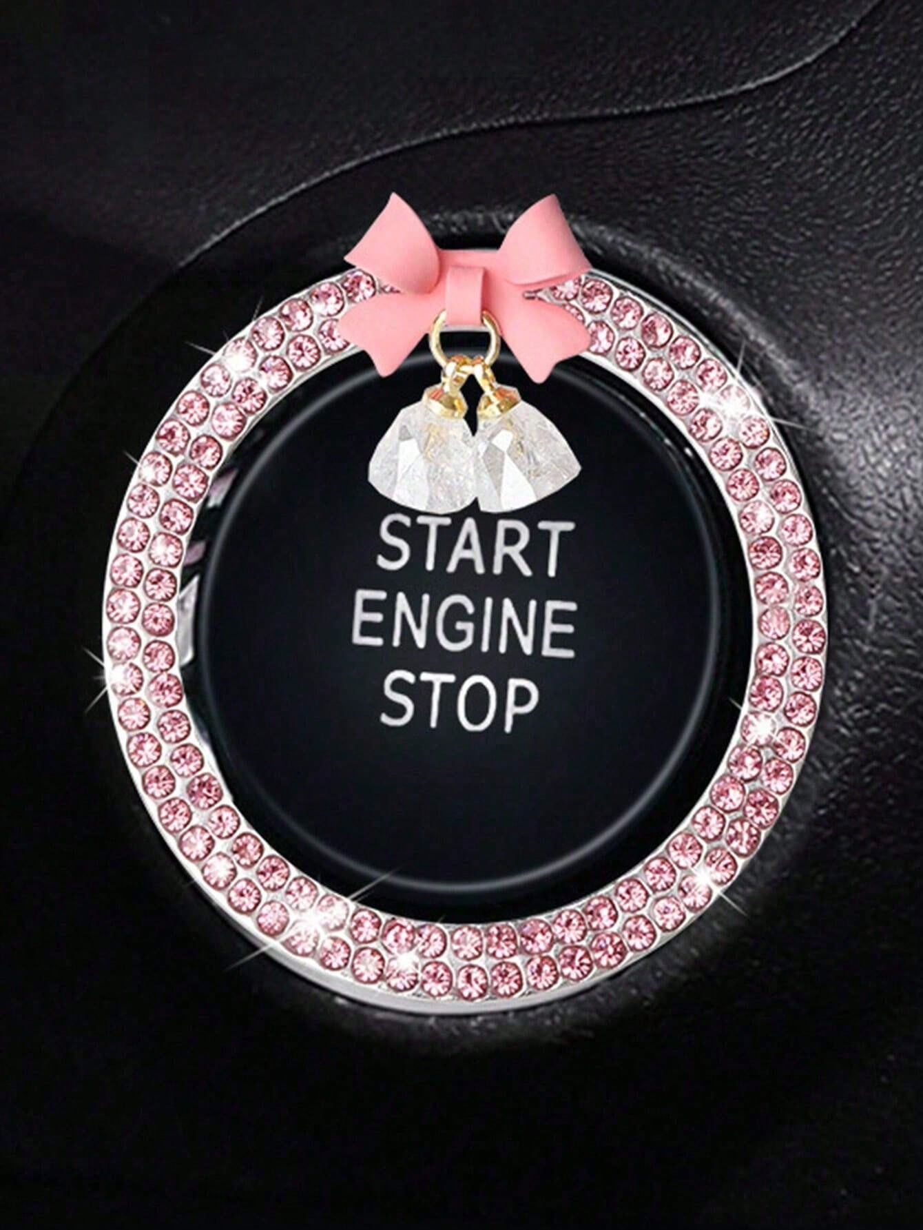 1pc Car One-Touch Start Decorative Sticker, Interior Button Inlaid Diamond Bow Crystal Bell Pendant Ignition Ring