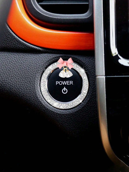1pc Car One-Touch Start Decorative Sticker, Interior Button Inlaid Diamond Bow Crystal Bell Pendant Ignition Ring