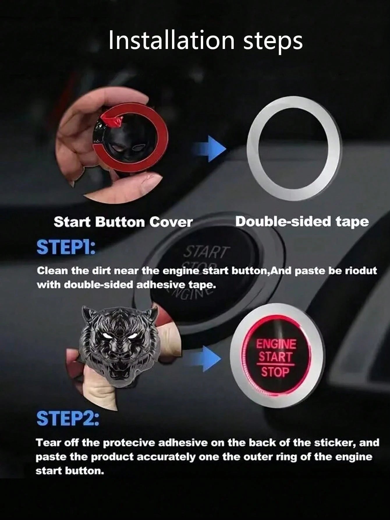 1pc Car Tiger Head One-Touch Start Protection Cover Interior Decoration Sticker Ignition Ring Switch Button Flip Cover Decoration Sticker Modification