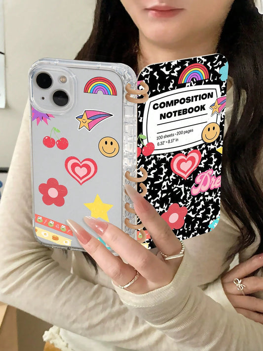 1pc Cartoon Graffiti Sticker Pattern Flip Cover Notebook Phone Case Compatible With Apple 16/16PRO/16PLUS/16PROMAX/11/11pro/11promax/12/12pro/12promax/13/13pro/13promax/14/14plus/14pro/14promax/15/15p