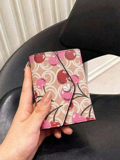 1pc Cherry Print Women's Trifold Short Wallet, Fashionable Mini Clutch Purse, Large Capacity Multi-Card Slots Credit Card Holder Coin Pouch, Suitable For Daily Use, Back To School Gift, Birthday Gift