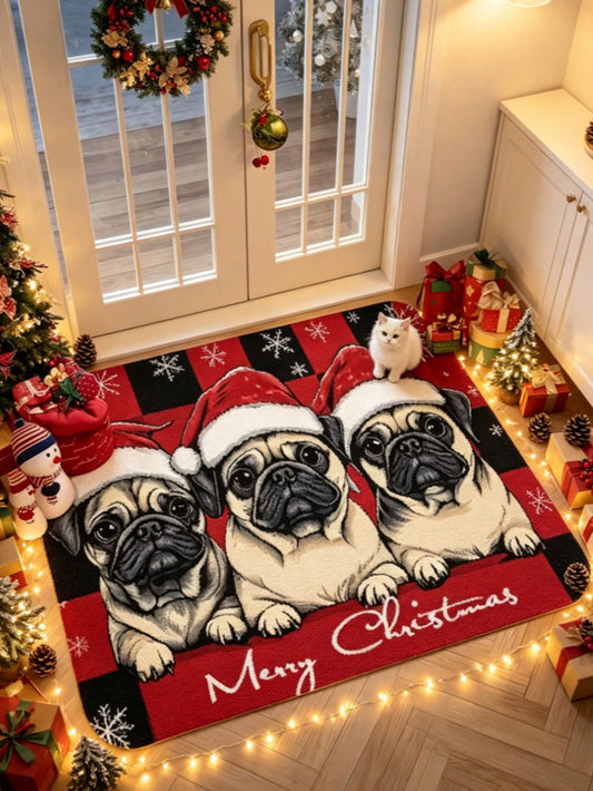 1pc Christmas French Bulldog Puppy Wearing Christmas Hat Doormat, Welcome Mat, Rug, Autumn/Winter Doormat, Thickened Carpet, Floor Mat, Universal Doormat, Bedroom Rug, Area Rug