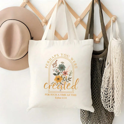 1pc "Created For Such A Time" Women'S Canvas Tote Bag| Large Capacity, Durable Polyester Canvas Shoulder Bag, Reusable For Travel, Shopping, Daily Use- Ideal Gift For Religious Enthusiasts &