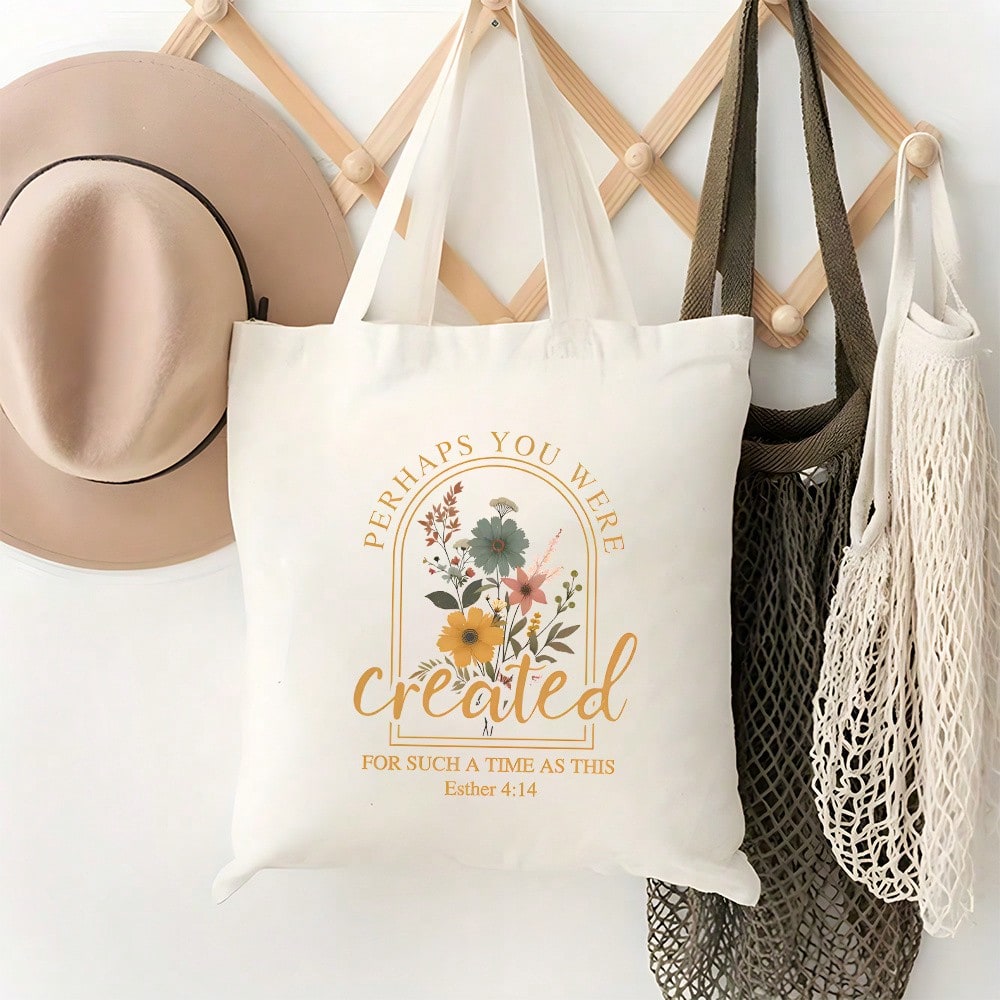 1pc "Created For Such A Time" Women'S Canvas Tote Bag| Large Capacity, Durable Polyester Canvas Shoulder Bag, Reusable For Travel, Shopping, Daily Use- Ideal Gift For Religious Enthusiasts &