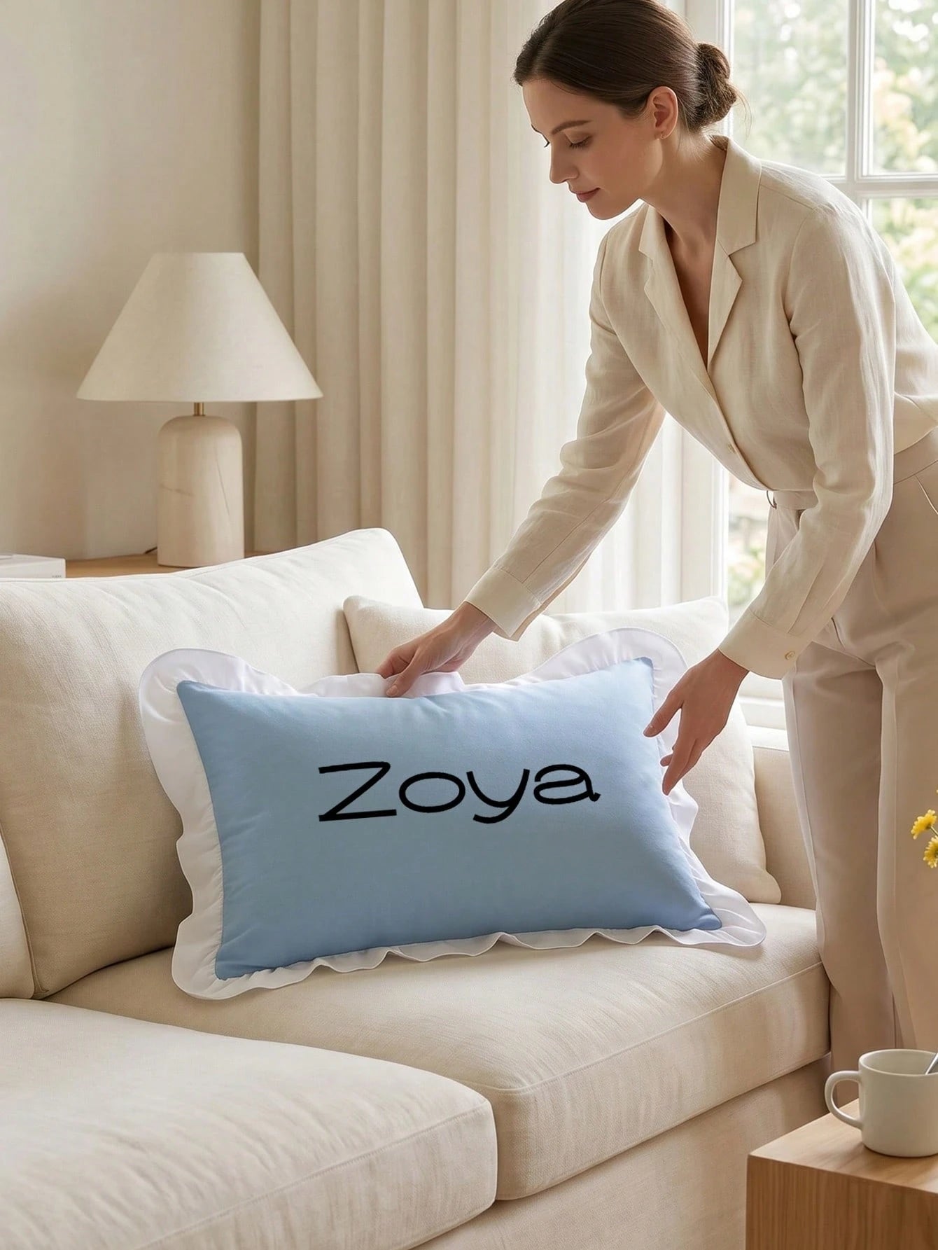 1pc Customized Heat Transfer Lotus Leaf Ruffle Decorative Lumbar Pillow Cover, Rectangular Cushion Case With Hidden Zipper, Suitable For Sofa Bed Guest Room Seasonal Home Refresh, 3 Colors Available