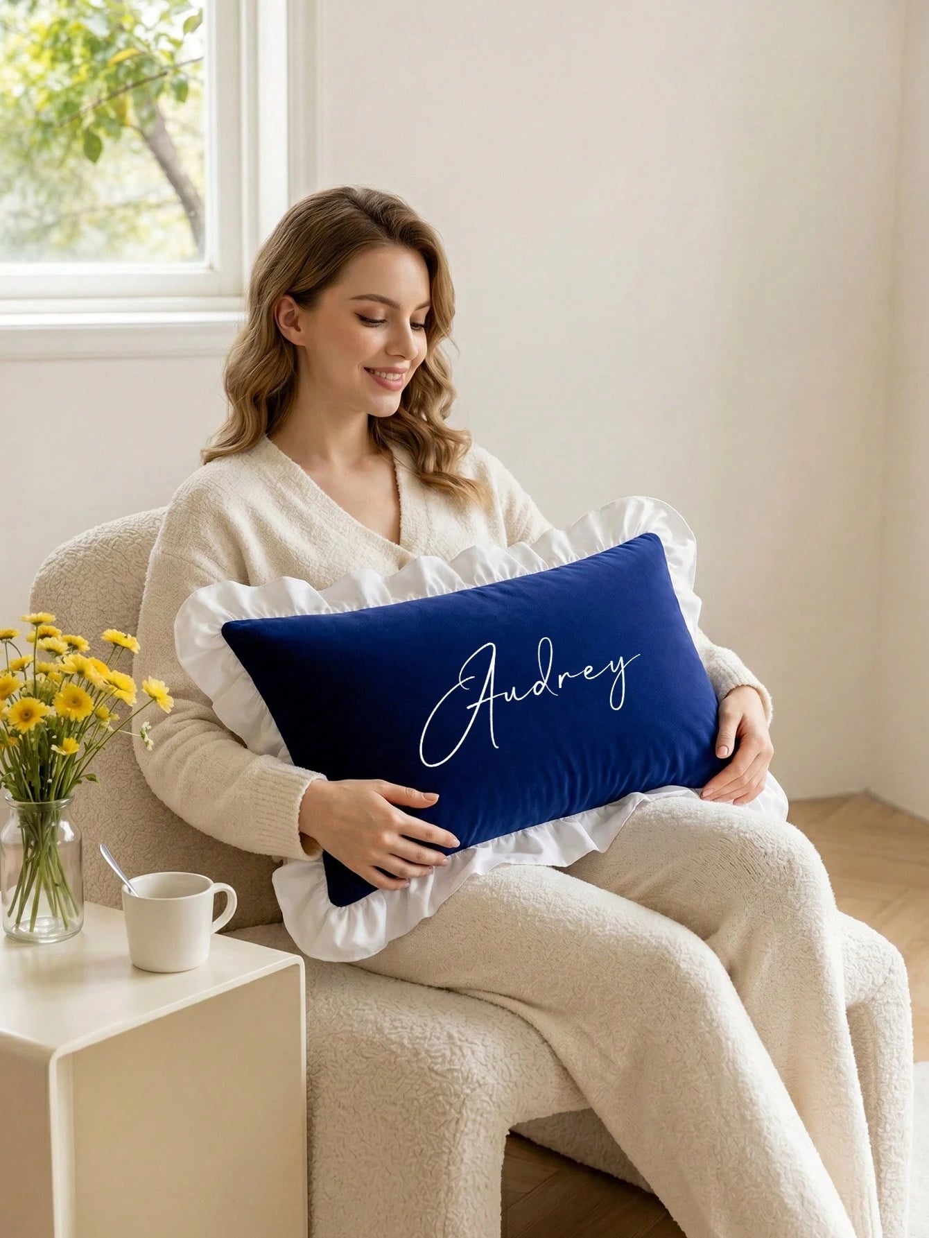 1pc Customized Heat Transfer Lotus Leaf Ruffle Decorative Lumbar Pillow Cover, Rectangular Cushion Case With Hidden Zipper, Suitable For Sofa Bed Guest Room Seasonal Home Refresh, 3 Colors Available