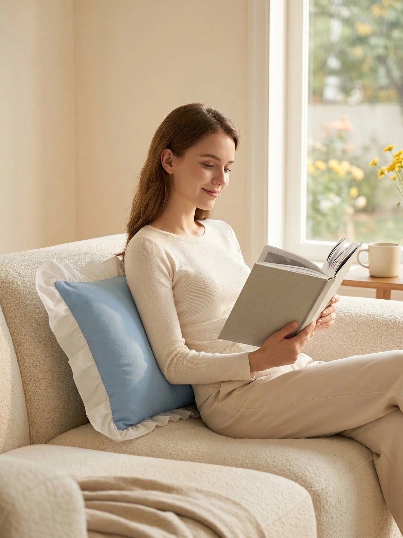 1pc Customized Heat Transfer Lotus Leaf Ruffle Decorative Lumbar Pillow Cover, Rectangular Cushion Case With Hidden Zipper, Suitable For Sofa Bed Guest Room Seasonal Home Refresh, 3 Colors Available