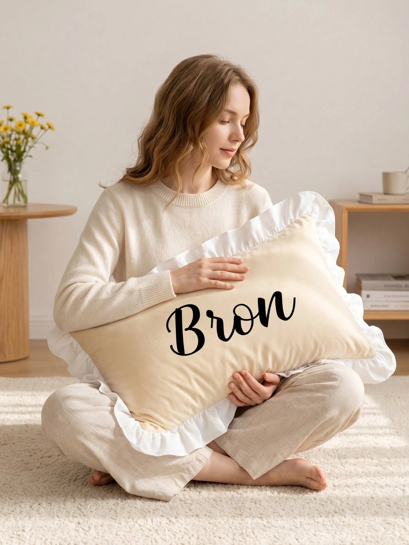 1pc Customized Heat Transfer Lotus Leaf Ruffle Decorative Lumbar Pillow Cover, Rectangular Cushion Case With Hidden Zipper, Suitable For Sofa Bed Guest Room Seasonal Home Refresh, 3 Colors Available