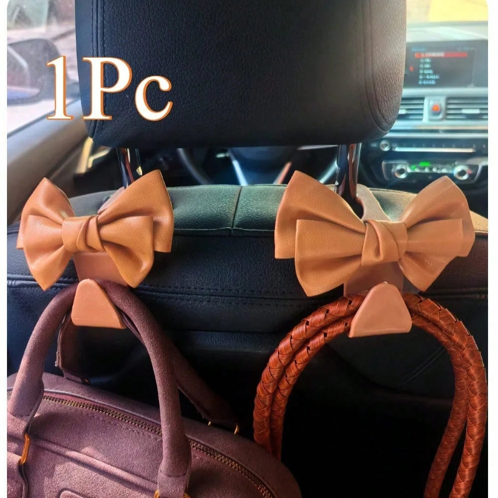 1Pc Cute Bowknot Car Rear Seat Back Hooks- Elegant Bow-Shaped Design,Durable Plastic Multi-Functional Hooks For Organizing Bags,Keys,Umbrellas- Car Interior Accessories For Women & Men,Bag Storage S