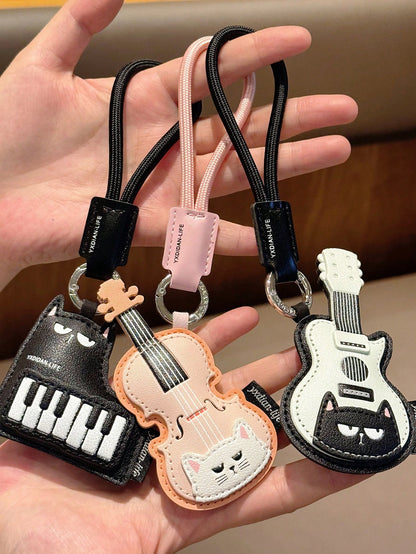 1pc Cute Cat Musical Instrument PU Leather Keychain, Violin Piano Guitar Cartoon Pendant, Creative Bag Charm, Accessory, Daily Gift For Best Friend, Music Lover, Birthday, Holiday