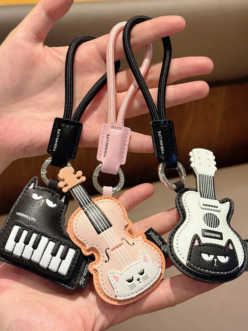 1pc Cute Cat Musical Instrument PU Leather Keychain, Violin Piano Guitar Cartoon Pendant, Creative Bag Charm, Accessory, Daily Gift For Best Friend, Music Lover, Birthday, Holiday
