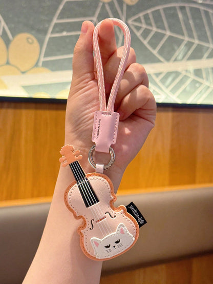 1pc Cute Cat Musical Instrument PU Leather Keychain, Violin Piano Guitar Cartoon Pendant, Creative Bag Charm, Accessory, Daily Gift For Best Friend, Music Lover, Birthday, Holiday