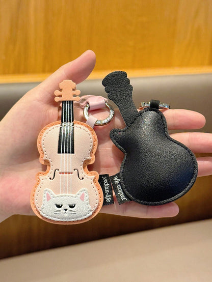 1pc Cute Cat Musical Instrument PU Leather Keychain, Violin Piano Guitar Cartoon Pendant, Creative Bag Charm, Accessory, Daily Gift For Best Friend, Music Lover, Birthday, Holiday