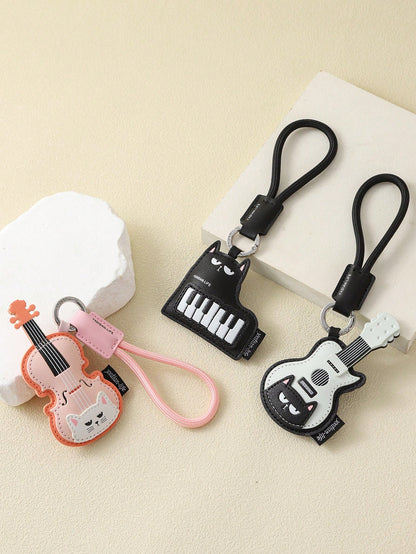 1pc Cute Cat Musical Instrument PU Leather Keychain, Violin Piano Guitar Cartoon Pendant, Creative Bag Charm, Accessory, Daily Gift For Best Friend, Music Lover, Birthday, Holiday