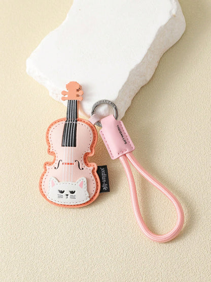 1pc Cute Cat Musical Instrument PU Leather Keychain, Violin Piano Guitar Cartoon Pendant, Creative Bag Charm, Accessory, Daily Gift For Best Friend, Music Lover, Birthday, Holiday