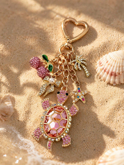 1pc Cute Pink Cherry Turtle Rhinestone Bag Charm, Charming Women's Beach Accessory, Turtle Starfish Cherry Palm Tree Keychain, Car Interior Decor, Beach Travel Accessory, Wallet/Handbag/Bookbag/Backpa