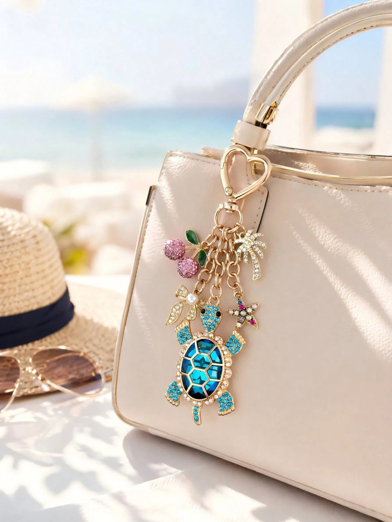 1pc Cute Pink Cherry Turtle Rhinestone Bag Charm, Charming Women's Beach Accessory, Turtle Starfish Cherry Palm Tree Keychain, Car Interior Decor, Beach Travel Accessory, Wallet/Handbag/Bookbag/Backpa