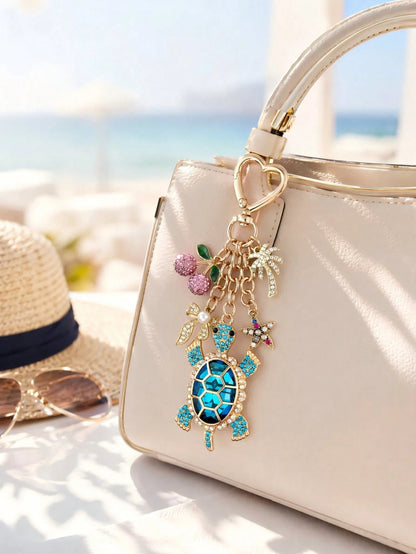 1pc Cute Pink Cherry Turtle Rhinestone Bag Charm, Charming Women's Beach Accessory, Turtle Starfish Cherry Palm Tree Keychain, Car Interior Decor, Beach Travel Accessory, Wallet/Handbag/Bookbag/Backpa