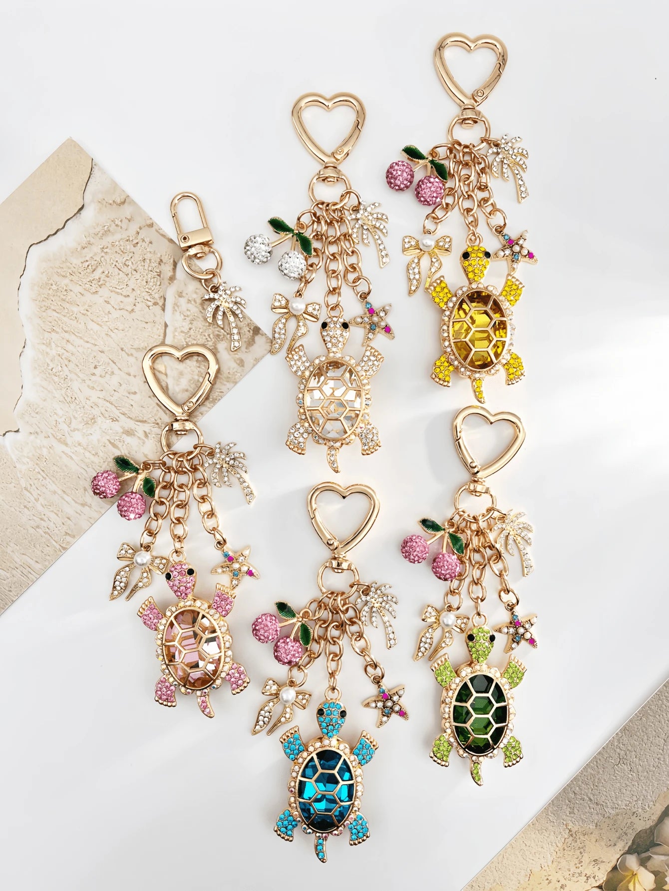 1pc Cute Pink Cherry Turtle Rhinestone Bag Charm, Charming Women's Beach Accessory, Turtle Starfish Cherry Palm Tree Keychain, Car Interior Decor, Beach Travel Accessory, Wallet/Handbag/Bookbag/Backpa