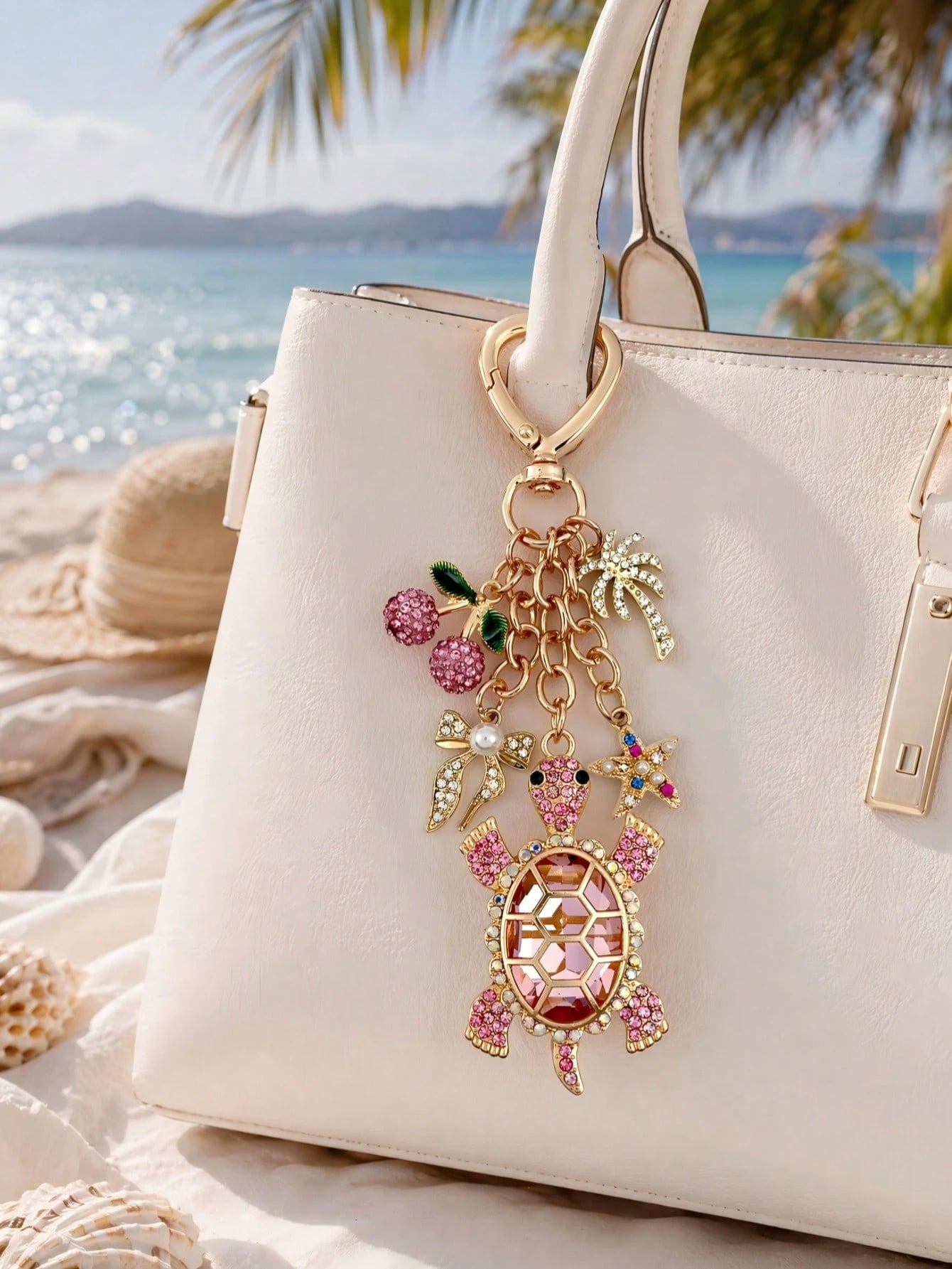 1pc Cute Pink Cherry Turtle Rhinestone Bag Charm, Charming Women's Beach Accessory, Turtle Starfish Cherry Palm Tree Keychain, Car Interior Decor, Beach Travel Accessory, Wallet/Handbag/Bookbag/Backpa