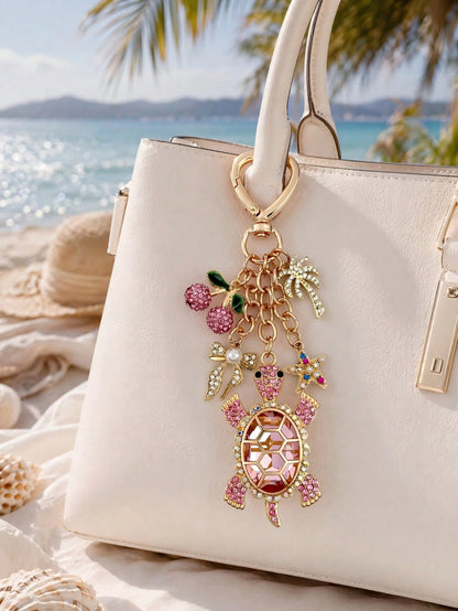 1pc Cute Pink Cherry Turtle Rhinestone Bag Charm, Charming Women's Beach Accessory, Turtle Starfish Cherry Palm Tree Keychain, Car Interior Decor, Beach Travel Accessory, Wallet/Handbag/Bookbag/Backpa