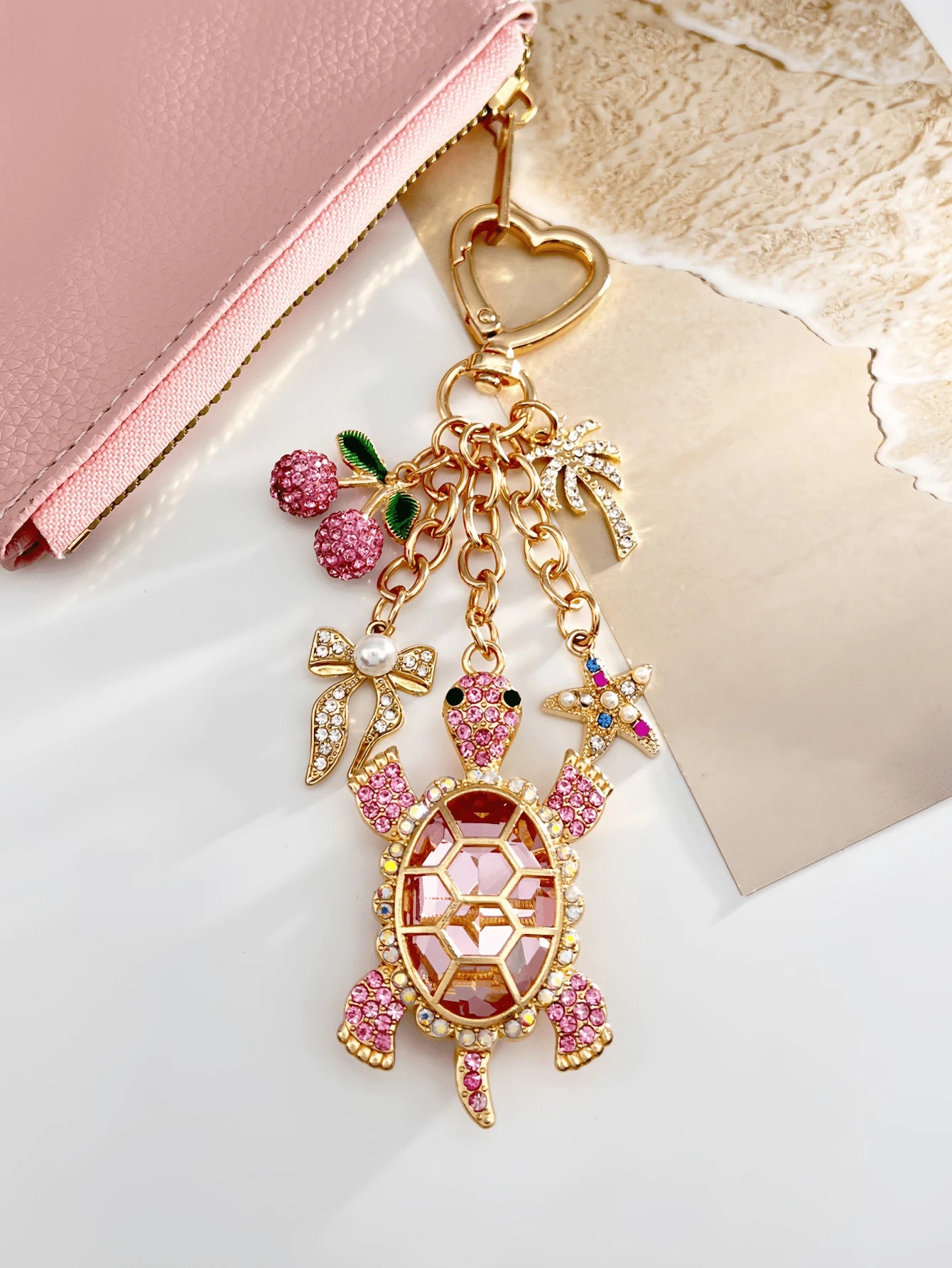 1pc Cute Pink Cherry Turtle Rhinestone Bag Charm, Charming Women's Beach Accessory, Turtle Starfish Cherry Palm Tree Keychain, Car Interior Decor, Beach Travel Accessory, Wallet/Handbag/Bookbag/Backpa