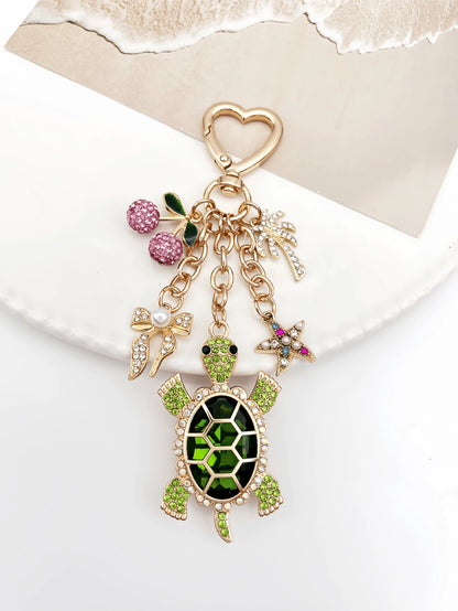 1pc Cute Pink Cherry Turtle Rhinestone Bag Charm, Charming Women's Beach Accessory, Turtle Starfish Cherry Palm Tree Keychain, Car Interior Decor, Beach Travel Accessory, Wallet/Handbag/Bookbag/Backpa