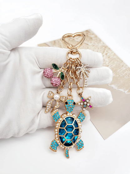 1pc Cute Pink Cherry Turtle Rhinestone Bag Charm, Charming Women's Beach Accessory, Turtle Starfish Cherry Palm Tree Keychain, Car Interior Decor, Beach Travel Accessory, Wallet/Handbag/Bookbag/Backpa