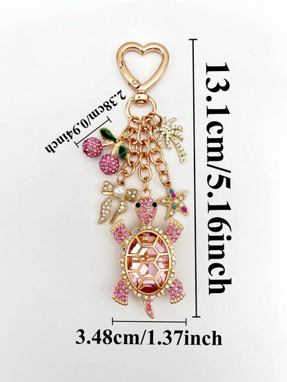 1pc Cute Pink Cherry Turtle Rhinestone Bag Charm, Charming Women's Beach Accessory, Turtle Starfish Cherry Palm Tree Keychain, Car Interior Decor, Beach Travel Accessory, Wallet/Handbag/Bookbag/Backpa