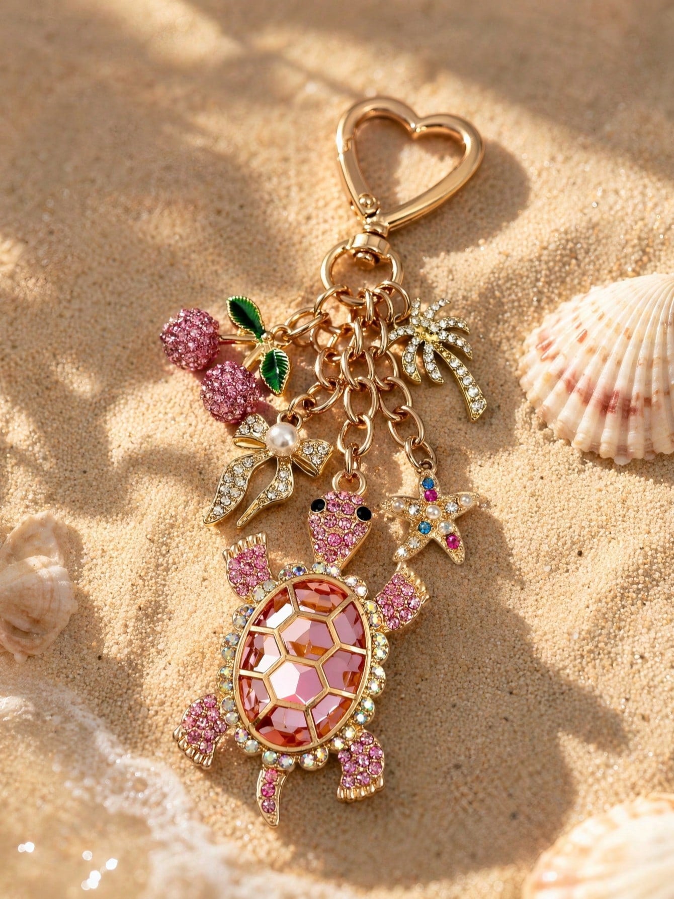 1pc Cute Pink Cherry Turtle Rhinestone Bag Charm, Charming Women's Beach Accessory, Turtle Starfish Cherry Palm Tree Keychain, Car Interior Decor, Beach Travel Accessory, Wallet/Handbag/Bookbag/Backpa