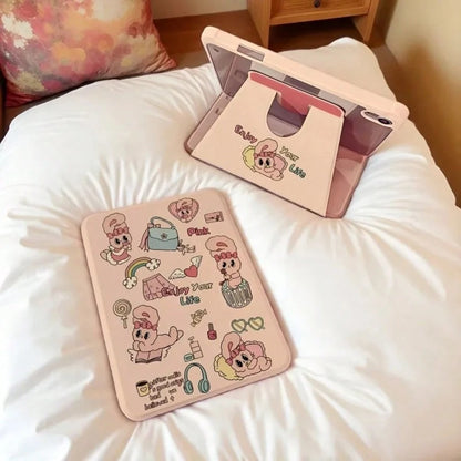 1PC Cute Pink Rabbit 360° Rotating Acrylic Tablet Case, Lightweight Multi-Angle Adjustable Stand, Built-In Pen Slot, Compatible With IPad5, IPad6, IPad7, IPad8, IPad9, IPad10, IPad11, Air2, Air3, Air4
