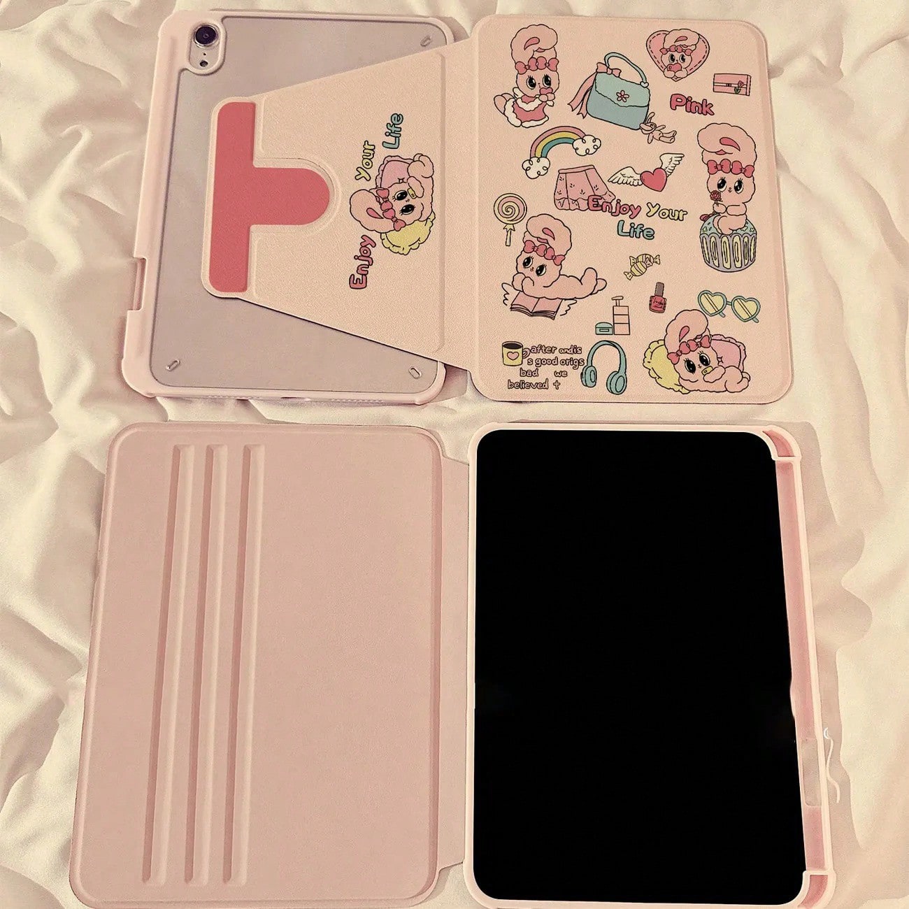 1PC Cute Pink Rabbit 360° Rotating Acrylic Tablet Case, Lightweight Multi-Angle Adjustable Stand, Built-In Pen Slot, Compatible With IPad5, IPad6, IPad7, IPad8, IPad9, IPad10, IPad11, Air2, Air3, Air4