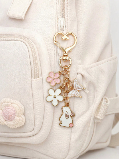1pc Cute Rabbit & Butterfly Bag Charm, Fashionable Versatile Car Key Accessory, Simple Fresh Women's Bag Accessory, Pink Keychain For Women, Room Decor, Essential Holiday Travel Accessory, Gift For Fr