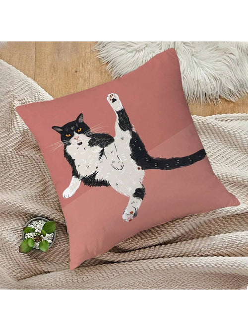 1pc Cute Slouchy Cat Printed Pillowcase, Cartoon Style Peach Skin Square Single Side Print Without Pillow Core Hidden Zipper Pillow Cover Suitable For Sofa And Bed Decoration