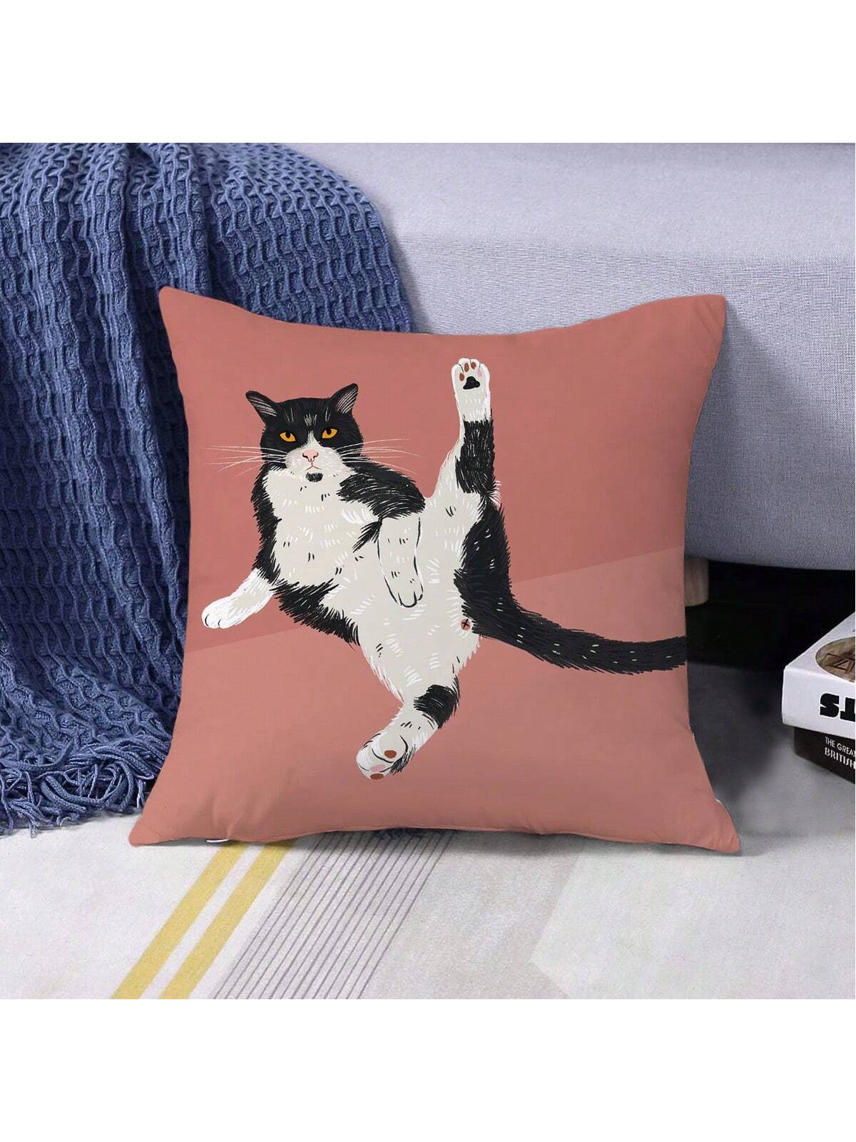 1pc Cute Slouchy Cat Printed Pillowcase, Cartoon Style Peach Skin Square Single Side Print Without Pillow Core Hidden Zipper Pillow Cover Suitable For Sofa And Bed Decoration