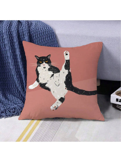 1pc Cute Slouchy Cat Printed Pillowcase, Cartoon Style Peach Skin Square Single Side Print Without Pillow Core Hidden Zipper Pillow Cover Suitable For Sofa And Bed Decoration