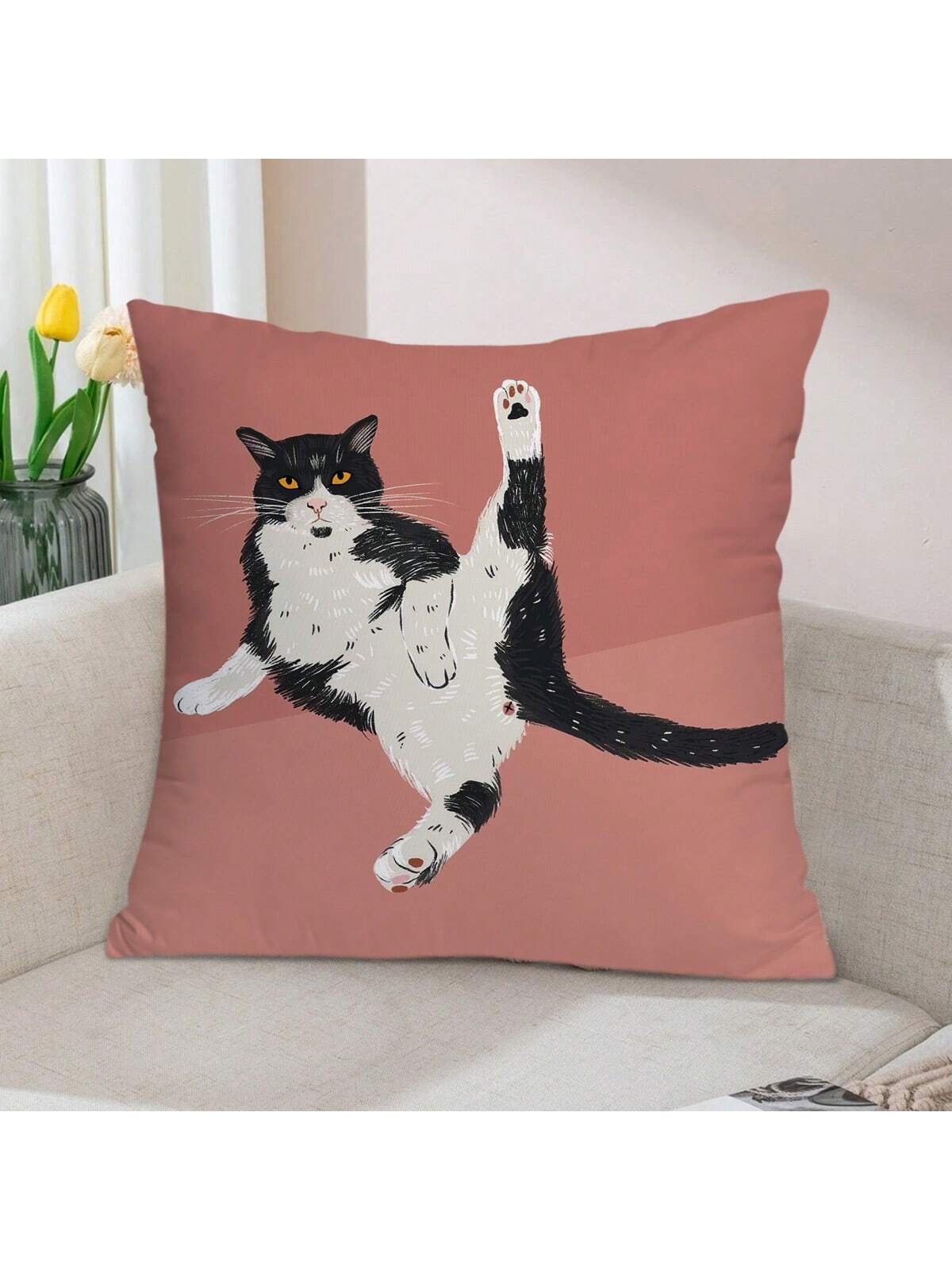 1pc Cute Slouchy Cat Printed Pillowcase, Cartoon Style Peach Skin Square Single Side Print Without Pillow Core Hidden Zipper Pillow Cover Suitable For Sofa And Bed Decoration