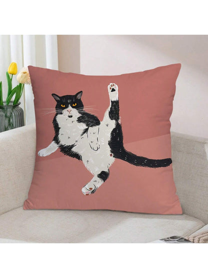 1pc Cute Slouchy Cat Printed Pillowcase, Cartoon Style Peach Skin Square Single Side Print Without Pillow Core Hidden Zipper Pillow Cover Suitable For Sofa And Bed Decoration