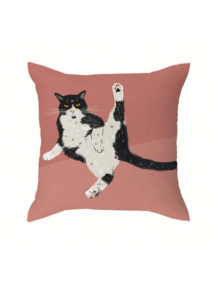 1pc Cute Slouchy Cat Printed Pillowcase, Cartoon Style Peach Skin Square Single Side Print Without Pillow Core Hidden Zipper Pillow Cover Suitable For Sofa And Bed Decoration