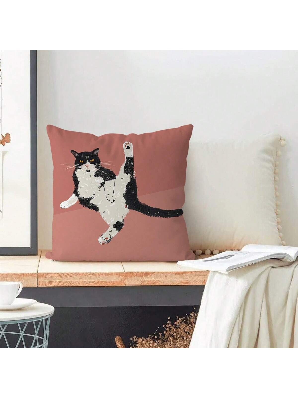 1pc Cute Slouchy Cat Printed Pillowcase, Cartoon Style Peach Skin Square Single Side Print Without Pillow Core Hidden Zipper Pillow Cover Suitable For Sofa And Bed Decoration