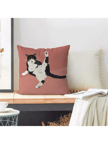 1pc Cute Slouchy Cat Printed Pillowcase, Cartoon Style Peach Skin Square Single Side Print Without Pillow Core Hidden Zipper Pillow Cover Suitable For Sofa And Bed Decoration